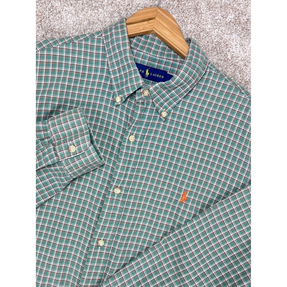 Ralph Lauren Plaid Button Down Shirt Men XL Green Orange Long Sleeve Office Logo